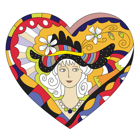 valentine postcard with a female head in a funny hatのイラスト素材