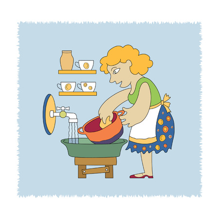 young woman washing dishes in the kitchenのイラスト素材