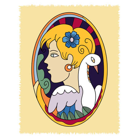 decorative element in the form of an oval with women's head, flower and birdのイラスト素材