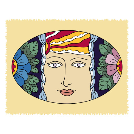 decorative element in the form of an oval with women's head and flowers のイラスト素材