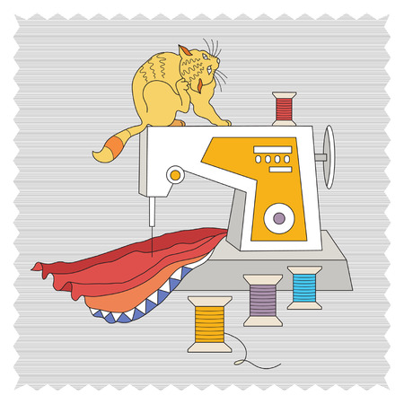 cat having fun near the sewing machineのイラスト素材
