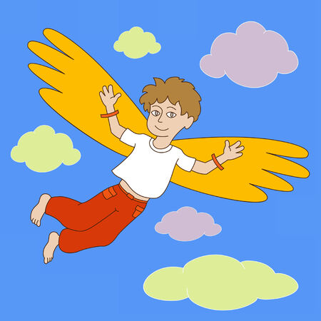 boy took off into the sky on makeshift wings のイラスト素材