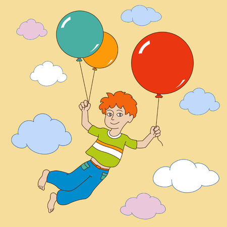 boy took off into the sky on colored balloonsのイラスト素材