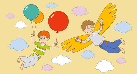 boys took off into the sky on makeshift wings and colored balloons のイラスト素材