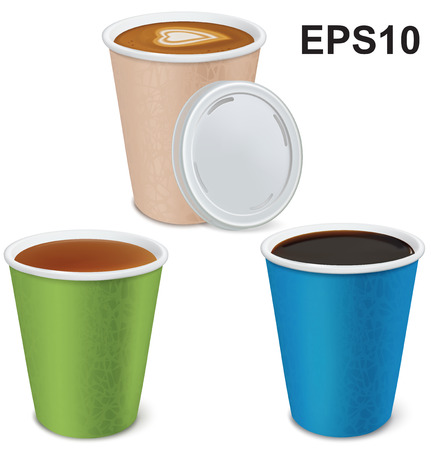 Tea, cappuccino, coffee in paper cups  isolated on white. Vector illustrationのイラスト素材