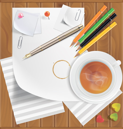 Colored pencils, pushpins, paper clips, paper sheets, tea, coffee, caramel on a wooden surface. Vector illustrationのイラスト素材