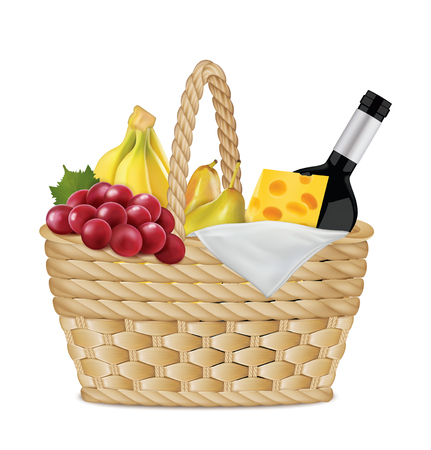 Picnic basket with bottle of wine, grapes, a branch of bananas, cheese, pears, napkin on white. Vector illustrationのイラスト素材