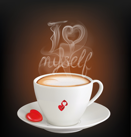Cup of cappuccino with inscription "I love myself" from the steam.のイラスト素材