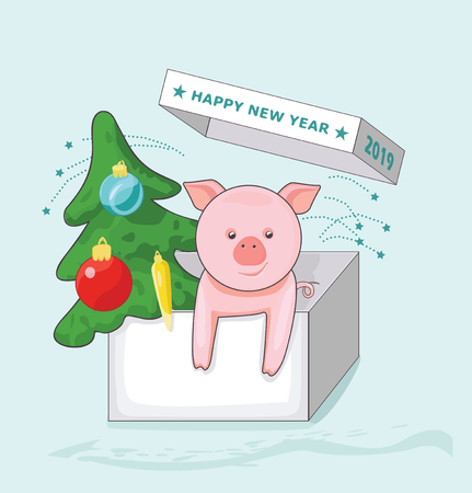 New Year greeting card with pig and Christmas tree in the greeting box. Vector illustrationのイラスト素材