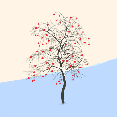Mountain ash without leaves with red berries on a snow slope in the winterのイラスト素材