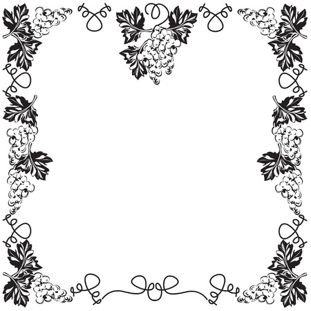 Decorative frame, frame for the text of square shape, with vignettes in the form of grapevines, leaves and fruits, black-and-white vector imageのイラスト素材
