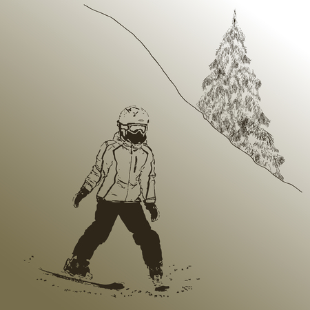 The girl on mountain skiing climbing down a mountain, a stamp, one-color vector illustrations, on a gradient background, sepiaのイラスト素材