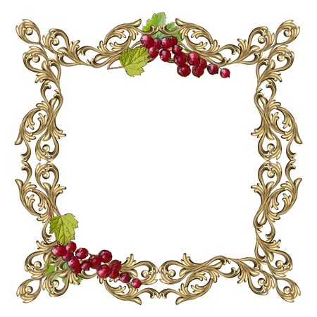 Art frame of square shape with berries and leaves of red currant and a flower ornament, the vector image on a white backgroundのイラスト素材