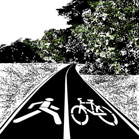 Path for cycling and walking, summer, meadow and forest, black vector image with elements of color, on a white backgroundのイラスト素材