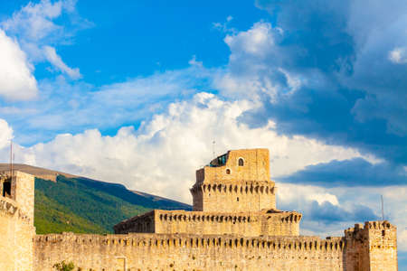 View of the keep of the main fortress of the Albornoz of Assisi, Umbria, Italyのeditorial素材