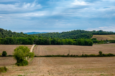 Panorama along the Via Francigena in Tuscany, Italyの写真素材