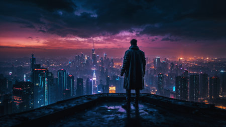 Silhouette of a man standing on the edge of a rooftop overlooking the city at nightの素材