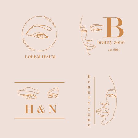 Abstract Feminine Vector Signs or Logo Templates Set. One line Illustration with Classy Typography and faces. Premium Quality Emblems for Beauty Salon, SPA, Wedding Boutiques, etc.のイラスト素材