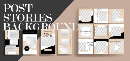 Design backgrounds for social media banner.Set of  stories and post frame templates.Vector cover. Mockup for personal blog or shop. Layout for promotion. Endless square puzzle.のイラスト素材
