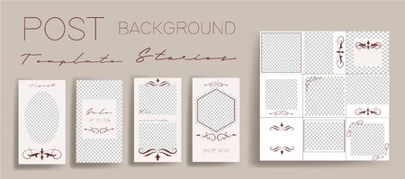 Design backgrounds for social media banner.Set of  stories and post frame templates.Vector cover. Mockup for personal blog or shop. Layout for promotion. Endless square puzzle layout for promoのイラスト素材