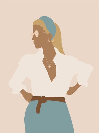 Fashion illustration of stylish girl.Vector flat design. Young women dressed in trendy clothes. Female cartoon character isolated on pink background. Perfect for postcard, notebook, t-shirt print.のイラスト素材