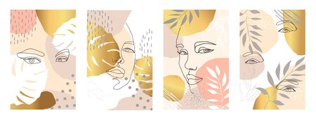 Vector set of abstract creative backgrounds in minimal trendy style with women face portrait in one line with copy space for text - design templates for social media storiesのイラスト素材