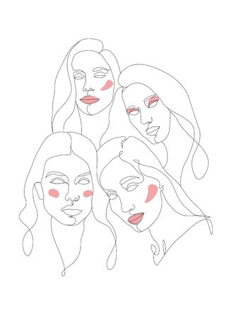One line woman portrait, creative freehand composition in contemporary abstract style. Beauty fashion female young figures. Design for print, card, posterのイラスト素材