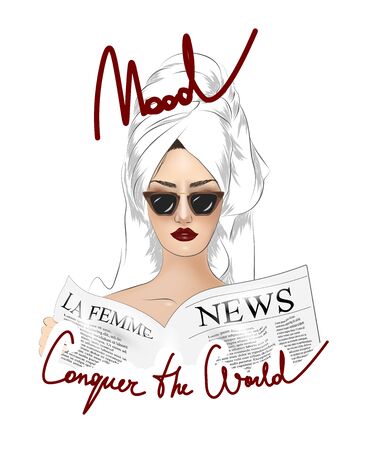 Conquer the world slogan with girl in sunglasses illustration. Perfect for home decor such as posters, wall art, tote bag, t-shirt print, sticker, post card.のイラスト素材