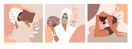 Quarantine, stay at home concept series - girls sitting at their home, room or apartment, practicing yoga, reading books, enjoying beauty routine.のイラスト素材