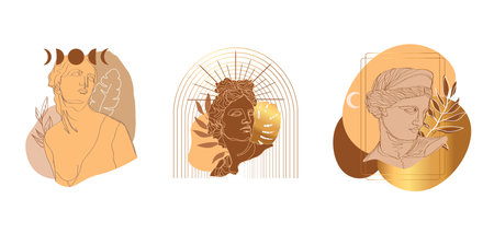 Set of hand drawn elements for patches, badges and stickers. Roman antique statues.One line drawing skech sculpture. Modern single line art, aesthetic contour.のイラスト素材