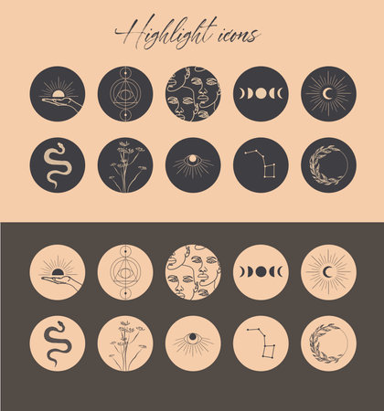 Vector highlight covers with astrology objects, mythical, esoteric and boho objects, for social media stories. Editable vector illustrationのイラスト素材