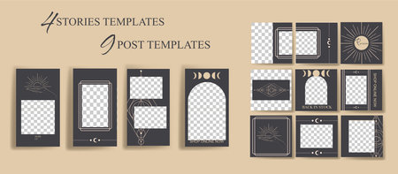 Design backgrounds for social media banner. Set of social media stories and post frame templates.Vector cover. Mock up for personal blog or shop.Layout for promotion.Endless square puzzle layoutのイラスト素材