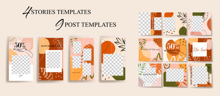 Design backgrounds for social media banner.Set of social media stories and post frame templates.Vector cover. Mockup for personal blog or shop.Layout for promotion.Endless square puzzle.のイラスト素材