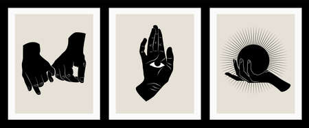 Abstract poster collection with hands. Set of contemporary scandinavian print templates. Set of three abstract minimalist aesthetic backgrounds with sun, hand, eye.のイラスト素材