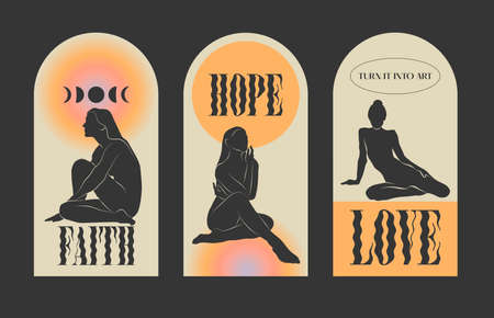 Vector hand drawn illustration of sitting girls. Template for card, poster, banner, print for t-shirt, stories, pin, badge, patch.のイラスト素材