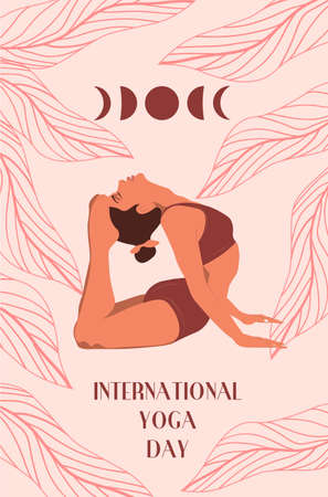Happy international yoga day with woman and leaves frame.のイラスト素材