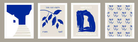 Wall art, vector set. Boho silhouette art drawing with leaves, Santorini scenery and face print. Abstract body Art design for print, cover, wallpaper, Minimal wall art.のイラスト素材