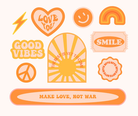 Hippie retro vintage stickers in 70s style. Flat vector illustration.のイラスト素材