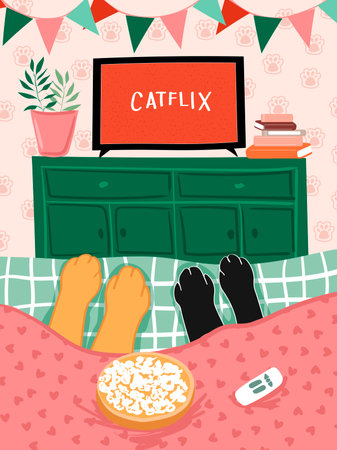 Cat couple watch tv together. Happy kitties sitting on couch and watching television show. Family movie night, lovers character home relax and watch video vector illustrationのイラスト素材