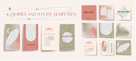 Design backgrounds for social media banner. Set of stories and post frame templates. Vector cover. Mock up for personal blog or shop. Layout for promotion. Endless square puzzle layoutのイラスト素材