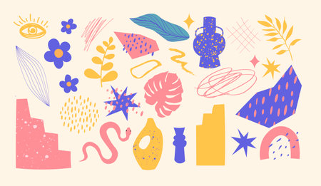 The huge set of hand-drawn various shapes and doodle objects. Abstract contemporary Mid-Century modern art trendy vector illustration.のイラスト素材