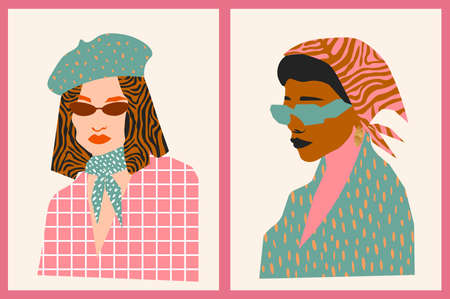 Abstract female portraits. paper cut mosaic style. Modern hand drawn vector illustrations. flat design. social media backgrounds.のイラスト素材