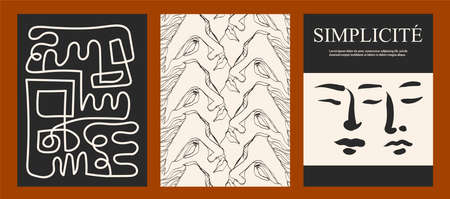 Wall art, vector set. Boho art drawing with greek sculpture print and faces. Abstract Art design for print, cover, wallpaper, Minimal wall art.のイラスト素材