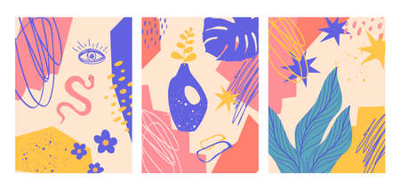 Set of 3 Mid Century Modern Art posters for home decor, invitation, greeting card designs. Abstract minimalist illustrations with hand drawn design elements, plants, geometric shapes.のイラスト素材