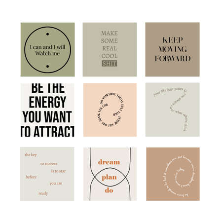 Set of quotes for stories or post. Motivational words for social media. Set of reminders for personal blog or shop. Engagement booster.のイラスト素材
