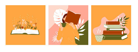Poster or invitation cards for reading club. Set of illustrations with books, cup and botanical elements. Editable vector illustration for social media post.のイラスト素材