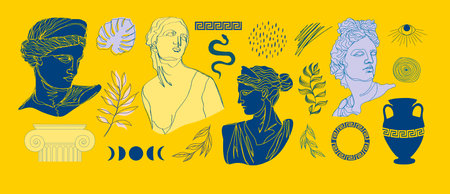 One line antique statues. Heads of woman, amphora, ornament, snake. Mythical, ancient greek style. Hand drawn isolated Vector illustration. Classic statues in modern style.のイラスト素材