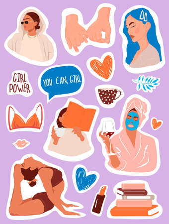 Vector sticker set. Female cartoon badges with.のイラスト素材