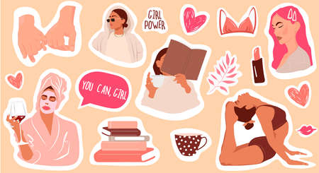 Vector sticker set. Female cartoon badges with.のイラスト素材