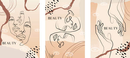 One line wall art vector set. Boho line art drawing with abstract shapes. Abstract face and hands Art design for print, cover, wallpaper, Minimal wall art.のイラスト素材